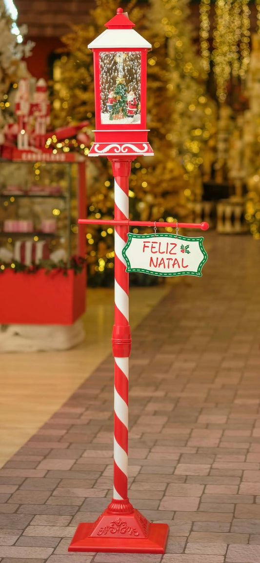 Poste de Natal Animado Vermelho e Branco com Som e Neve 1,5m
