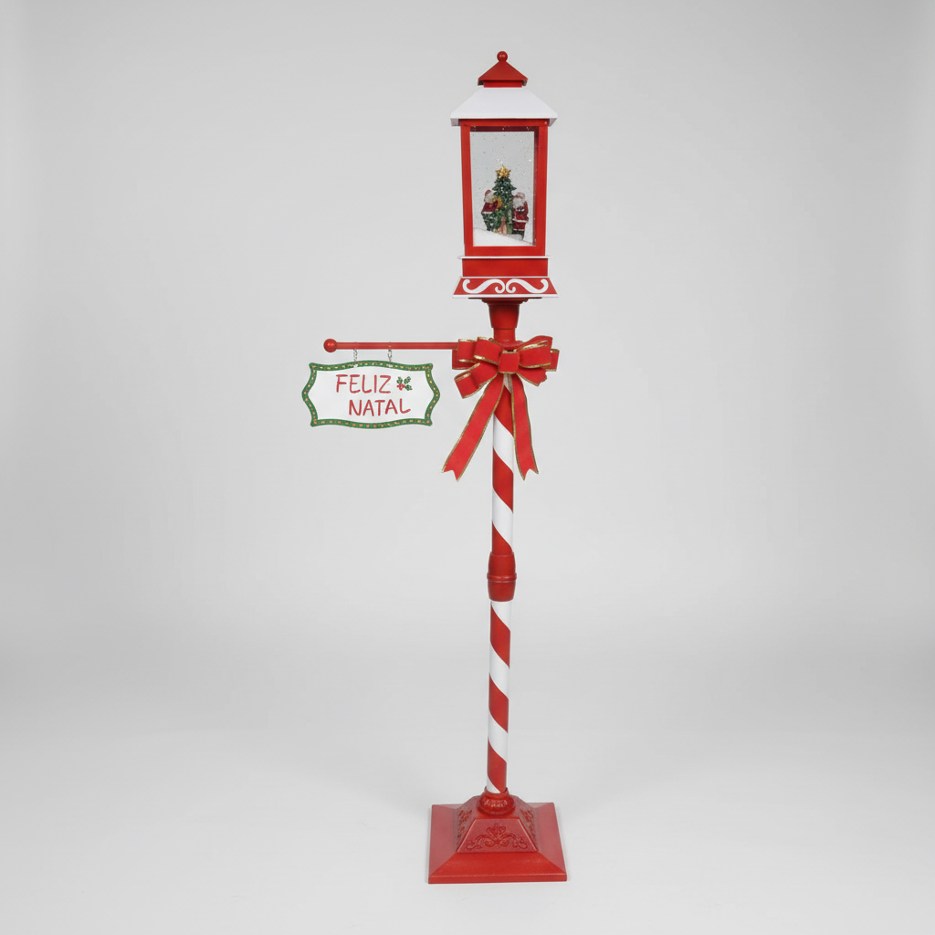 Poste de Natal Animado Vermelho e Branco com Som e Neve 1,5m