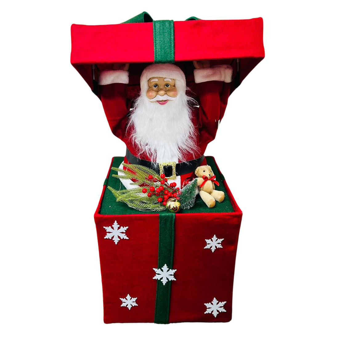 papai noel na caixa de presente com som e led casa de paete