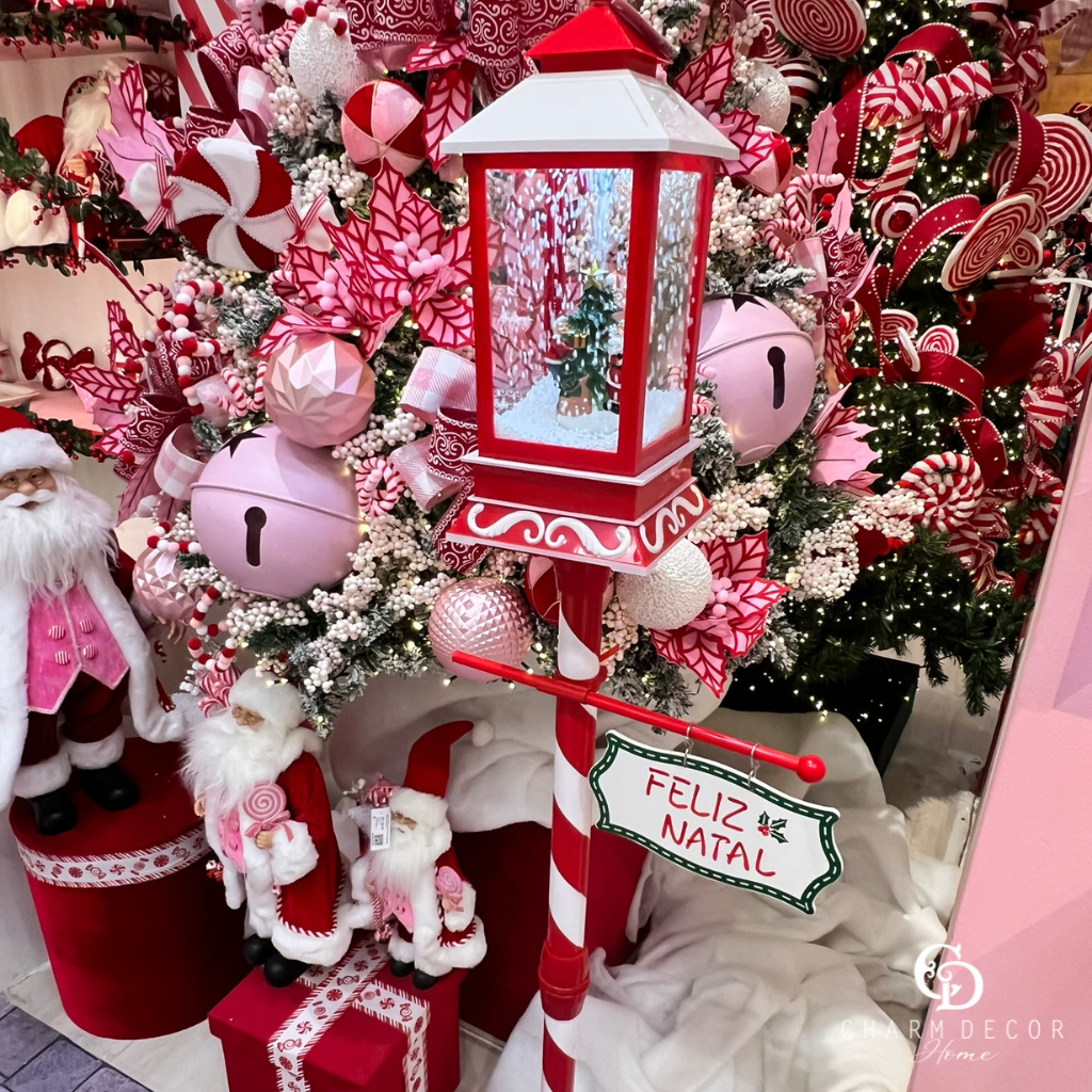 Poste de Natal Animado Vermelho e Branco com Som e Neve 1,5m